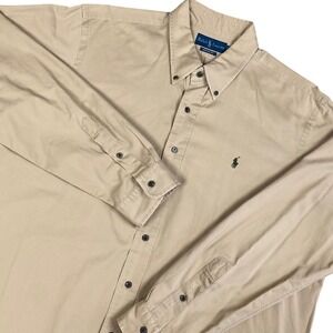 Vtg Ralph Lauren Men Button Down Shirt XXL Tan Custom Fit Long Sleeve Twill Pony
